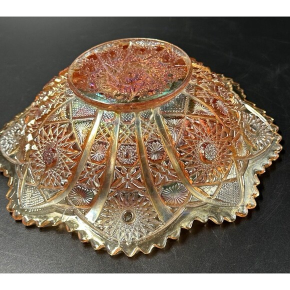 Vintage Iridescent Amber Sunflower Orange Carnival Glass Bowl Scalloped Edges - Picture 8 of 11